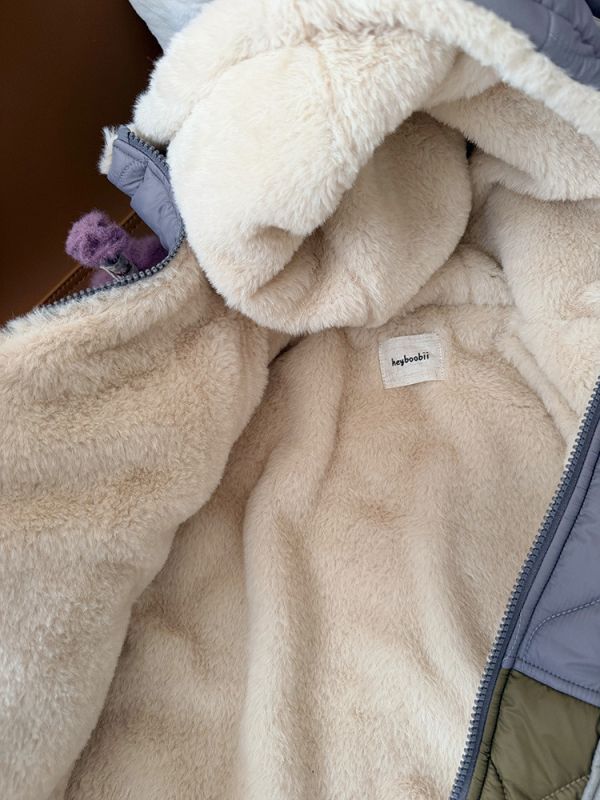 05110508┃右右秋冬〃25815撞色加絨夾棉連帽外套┃90-150 兒童外套、羊羔絨外套、鋪棉外套、韓版童裝、冬季童裝、連帽外套、拼接外套、保暖外套、厚外套、中長版童外套