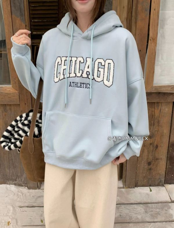 05120706｜秋冬〃2966重工立體字母加絨連帽大學T｜F 刷毛帽T, 連帽衛衣, 韓系帽T, 刺繡衛衣, CHICAGO帽T, 情侶衛衣, 落肩衛衣, 寬鬆帽T, 秋冬上衣