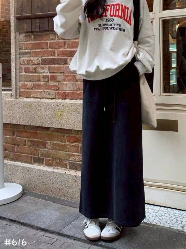 05110608┃秋冬〃616質感厚磅棉後開衩長裙 棉質長裙、鬆緊腰長裙、抽繩長裙、休閒長裙、厚棉裙、中長裙、直筒裙、秋冬裙、韓版長裙、百搭裙子