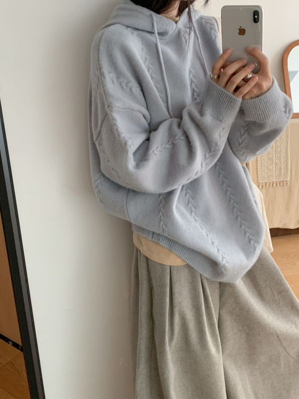 05112807｜秋冬〃532細麻花紋連帽寬鬆保暖毛衣｜F 連帽毛衣、辮子織毛衣、針織上衣、保暖毛衣、寬鬆毛衣、秋冬上衣、532款