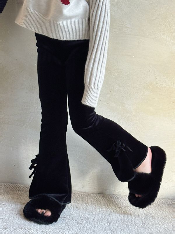 05120404｜小瑜家秋冬〃蝴蝶結絲絨喇叭褲｜90-150 女童長褲, 微喇叭褲, 蝴蝶結童褲, 修身童褲, 黑色童褲, 甜美童裝, 休閒童褲, 秋冬童裝, 百搭童褲, 日系童裝