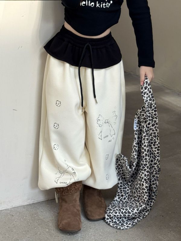 05120403｜小瑜家秋冬〃兩色裙簾加絨運動褲｜90-150 女童長褲, 蝴蝶童褲, 加絨寬褲, 刷毛童褲, 抽繩長褲, 鬆緊腰童褲, 秋冬童裝, 休閒童褲, 日系童裝, 女童寬褲