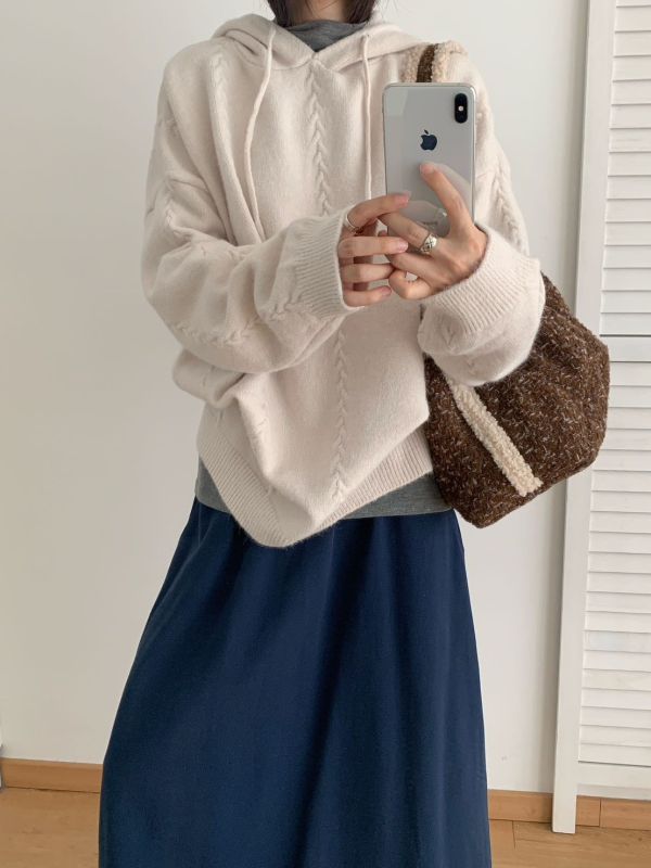 05112807｜秋冬〃532細麻花紋連帽寬鬆保暖毛衣｜F 連帽毛衣、辮子織毛衣、針織上衣、保暖毛衣、寬鬆毛衣、秋冬上衣、532款