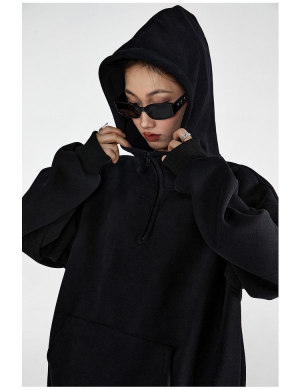 05110801┃秋〃3647兩色復古半拉鍊連帽上衣┃M-L 連帽衛衣、oversize帽T、韓系厚棉上衣、寬鬆帽T、保暖衛衣、半開拉鍊上衣、女裝秋冬、情侶衛衣、黑灰帽T、慵懶風