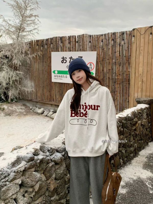 05120704｜秋冬〃2939法國麵包字母加絨連帽大學T｜F 刷毛帽T, 連帽衛衣, 韓系帽T, 刺繡衛衣, 寬鬆上衣, 情侶帽T, 落肩衛衣, 百搭帽T, 保暖上衣