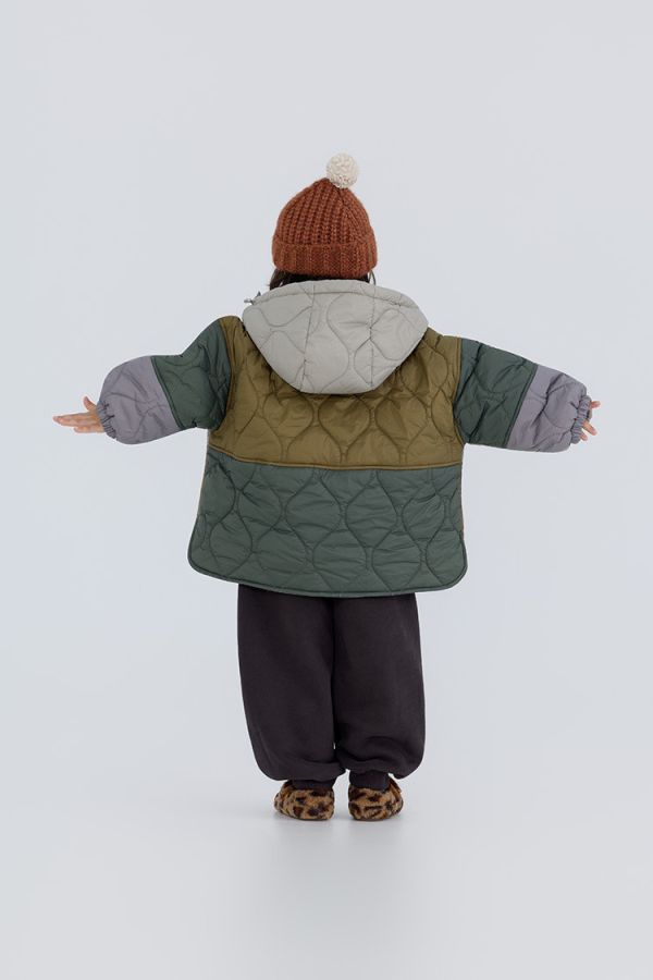 05110508┃右右秋冬〃25815撞色加絨夾棉連帽外套┃90-150 兒童外套、羊羔絨外套、鋪棉外套、韓版童裝、冬季童裝、連帽外套、拼接外套、保暖外套、厚外套、中長版童外套