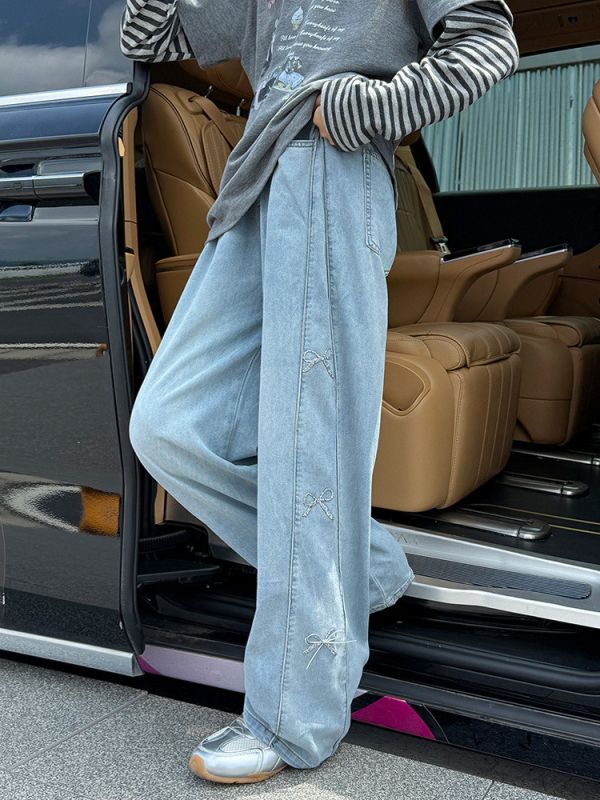 05110803┃秋〃MQ25蝴蝶結牛仔闊腿褲┃120-175 蝴蝶結牛仔褲、刺繡牛仔褲、寬鬆牛仔褲、韓系牛仔褲、高腰牛仔褲、女童牛仔褲、少女牛仔褲、丹寧長褲、直筒褲、顯瘦褲、街頭風褲子、可愛風牛仔褲