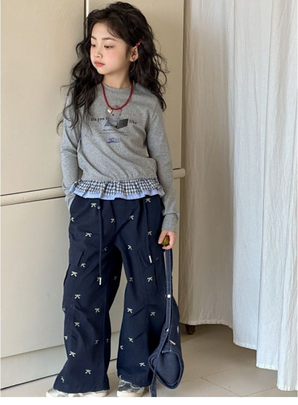 05112708｜XHY冬〃灰色KT印花花邊下擺T｜120-170 女童上衣、格紋假兩件、熊熊上衣、女童長袖、洋氣童裝、秋冬新品、百搭上衣