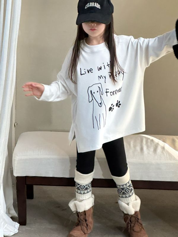 05120306｜小瑜家秋冬〃兩色小狗印花長版T｜90-150 女童上衣, 狗狗童裝, 印花童T, 長袖T恤, 秋冬童裝, 黑白童裝, 休閒童裝, 可愛上衣, 日系童裝, 童裝長袖
