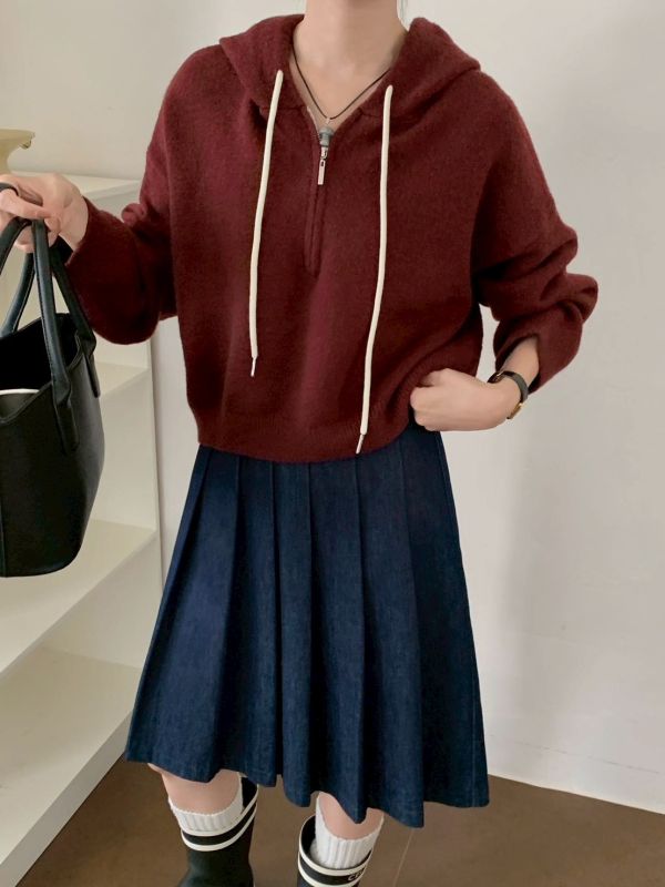 05120708｜秋冬〃506連帽半拉鍊針織上衣｜F 針織帽T, 半開拉鍊上衣, 連帽針織, 韓系上衣, 短版上衣, 顯瘦穿搭, 休閒針織, 女生上衣, 百搭上衣