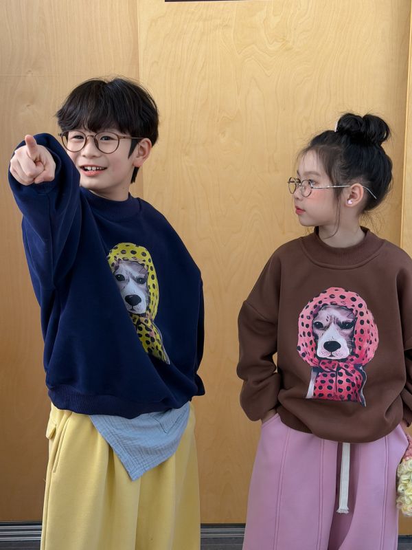 05120203｜KUMAI秋冬〃D218兩色加絨斑點頭巾狗印花T｜100-160 童裝刷毛上衣, 童裝大學T, 男童衛衣, 女童衛衣, 冬款童裝, 加厚刷毛, 可愛動物印花, 狗狗印花上衣, 保暖童裝, 中性童裝, 90 100 110 120 130 140 150