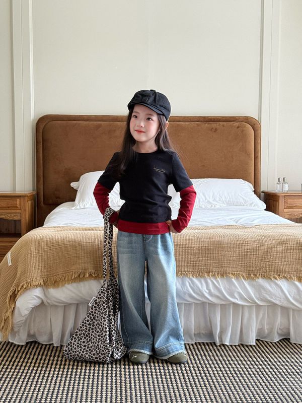 05110501┃小艾秋冬〃F036磨白拼接毛邊直筒牛仔褲┃90-170 兒童牛仔褲、童裝牛仔褲、寬鬆牛仔褲、寬管牛仔褲、丹寧褲、小孩長褲、親子裝、男童褲、女童褲、水洗牛仔、韓版童裝