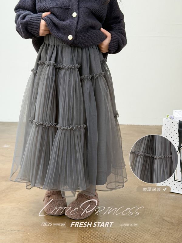05111611｜小艾家秋冬〃H010灰色中長款網紗裙｜90-170 女童紗裙、公主裙、網紗長裙、多層紗裙、冬季紗裙、加厚保暖裙子、女童長裙、蓬蓬裙、兒童公主裙、灰色紗裙、90–170cm 裙子、女童氣質裙