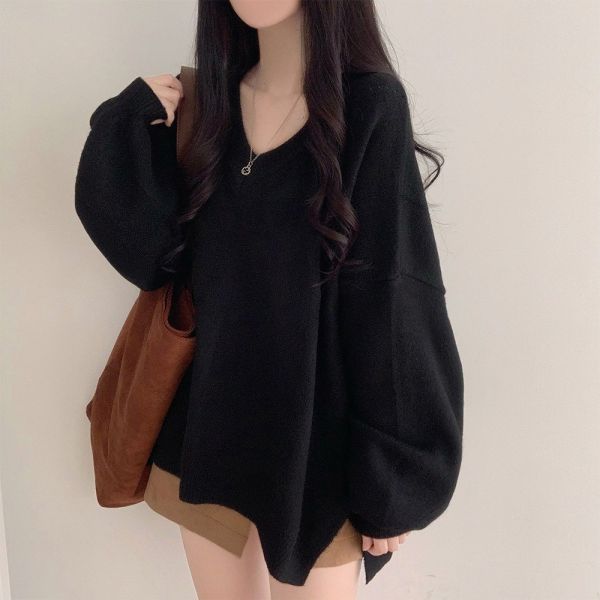 05112211｜秋冬〃1232慵懶V領輕暖寬鬆針織上衣｜F V領毛衣, 寬鬆針織, 慵懶風毛衣, 側開衩毛衣, 秋冬上衣, 奶杏毛衣, 黑色毛衣, 灰色針織, 咖啡毛衣, 韓系毛衣, 百搭上衣