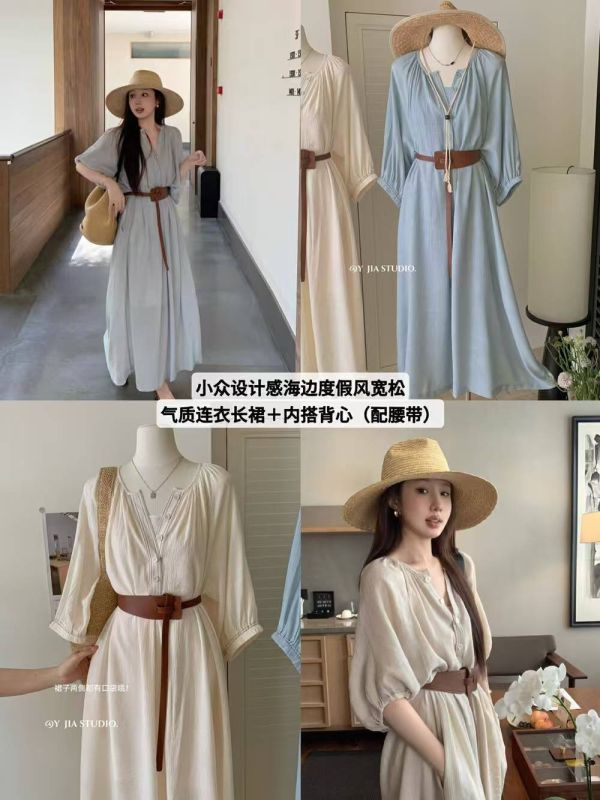 05042301┃YJIA夏〃6757度假風寬松氣質連衣長裙(含內搭背心.腰帶)┃2色┃0425結單 