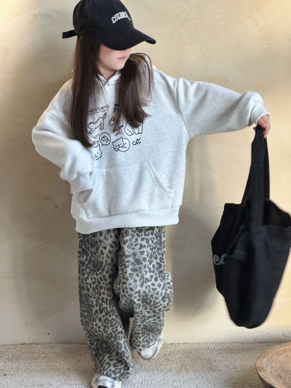 05120401｜小瑜家秋冬〃豹紋加絨休閒褲｜90-150 女童長褲, 豹紋童裝, 寬褲童裝, 鬆緊腰童褲, 秋冬童裝, 休閒童褲, 百搭童裝, 灰豹紋長褲, 女童褲子, 日系童裝