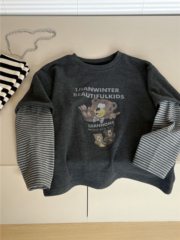 05110205┃SN〃8551假兩件加絨熊印花T┃100-160 插畫童裝, 熊熊刷毛上衣, 雙層保暖上衣, 秋冬童裝, 寬版落肩, 棉質刷毛, 特色插畫, 童裝衛衣, 100～160童裝, 居家休閒童裝