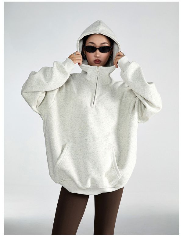 05110801┃秋〃3647兩色復古半拉鍊連帽上衣┃M-L 連帽衛衣、oversize帽T、韓系厚棉上衣、寬鬆帽T、保暖衛衣、半開拉鍊上衣、女裝秋冬、情侶衛衣、黑灰帽T、慵懶風