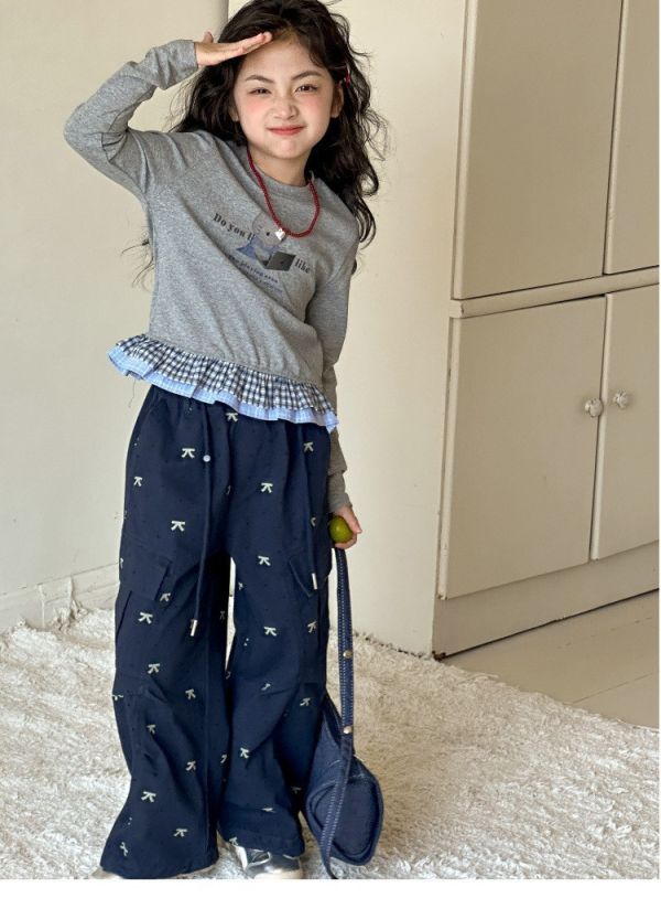 05112708｜XHY冬〃灰色KT印花花邊下擺T｜120-170 女童上衣、格紋假兩件、熊熊上衣、女童長袖、洋氣童裝、秋冬新品、百搭上衣