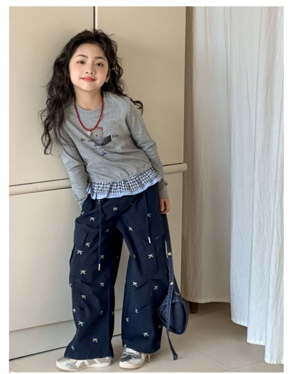 05112708｜XHY冬〃灰色KT印花花邊下擺T｜120-170 女童上衣、格紋假兩件、熊熊上衣、女童長袖、洋氣童裝、秋冬新品、百搭上衣