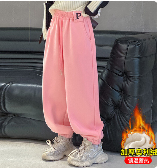 05111805｜HB家冬〃419五色加絨束腳運動褲｜120-170 兒童長褲、P字母褲、加厚休閒褲、保暖運動褲、兒童寬褲、秋冬棉褲、厚刷毛褲、休閒寬版褲、男女童長褲、兒童時尚穿搭、120-170褲子、冬季長褲