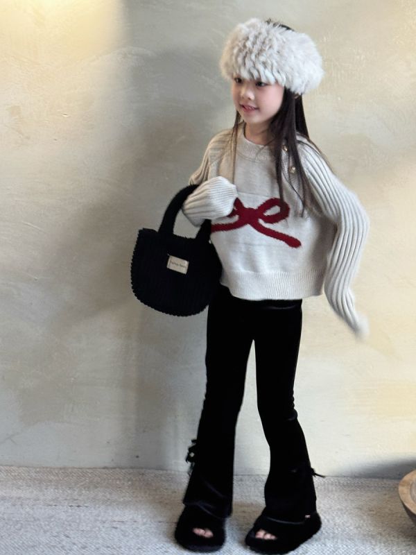 05120404｜小瑜家秋冬〃蝴蝶結絲絨喇叭褲｜90-150 女童長褲, 微喇叭褲, 蝴蝶結童褲, 修身童褲, 黑色童褲, 甜美童裝, 休閒童褲, 秋冬童裝, 百搭童褲, 日系童裝