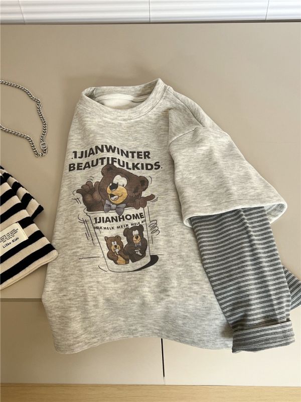 05110205┃SN〃8551假兩件加絨熊印花T┃100-160 插畫童裝, 熊熊刷毛上衣, 雙層保暖上衣, 秋冬童裝, 寬版落肩, 棉質刷毛, 特色插畫, 童裝衛衣, 100～160童裝, 居家休閒童裝