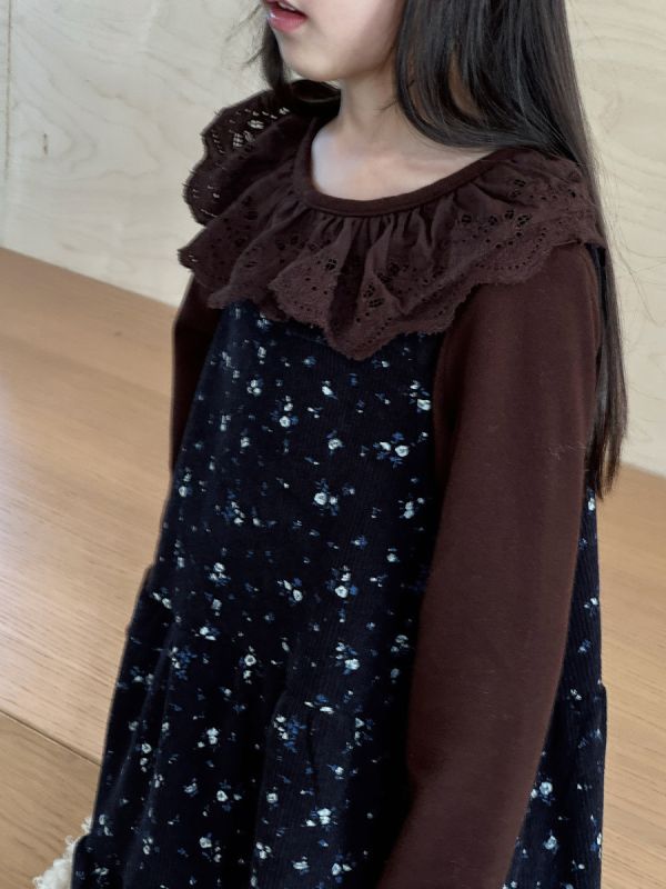 05120307｜小瑜家秋冬〃咖色蕾絲花邊奧絨上衣｜90-150 女童上衣, 長袖童裝, 碎花上衣, 蕾絲領童裝, 拼接上衣, 假兩件童裝, 秋冬童裝, 日系童裝, 可愛上衣, 女童T恤