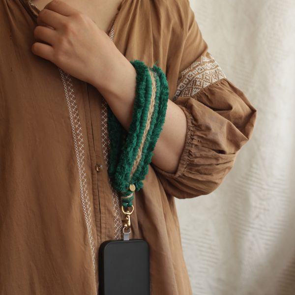 Fluffy Tassel Phone Strap Handcrafted macrame, pure cotton rope, vibrant green accessory, orange-brown jute, versatile phone strap, keychain charm, bag charm, handmade macrame keychain, solid brass hardware, oxidation-resistan