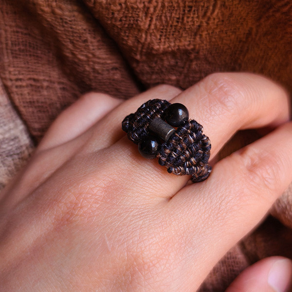 Archaeology — Obsidian Recycled Yarn Ring obsidian yarn ring, recycled fiber ring, handmade ring, archaeology jewelry, sustainable ring, black stone ring, hematite accessory, reclaimed yarn jewelry, Busy Fingers ring