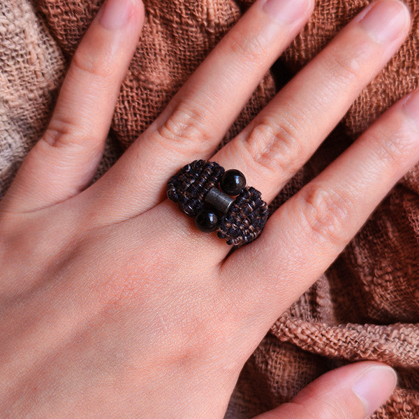 Archaeology — Obsidian Recycled Yarn Ring obsidian yarn ring, recycled fiber ring, handmade ring, archaeology jewelry, sustainable ring, black stone ring, hematite accessory, reclaimed yarn jewelry, Busy Fingers ring