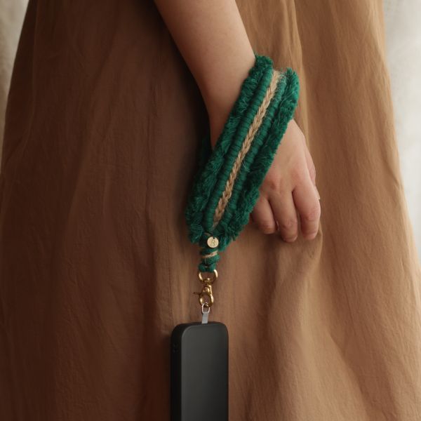 Fluffy Tassel Phone Strap Handcrafted macrame, pure cotton rope, vibrant green accessory, orange-brown jute, versatile phone strap, keychain charm, bag charm, handmade macrame keychain, solid brass hardware, oxidation-resistan