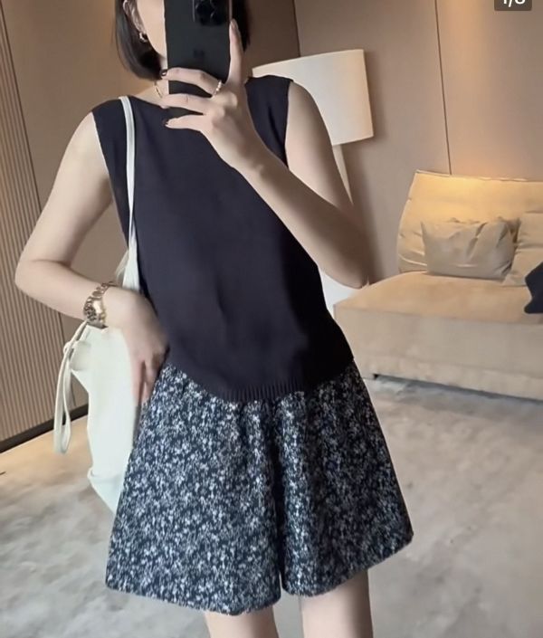 藏青藍碎花鬆緊腰棉質短褲 中大尺碼,短褲