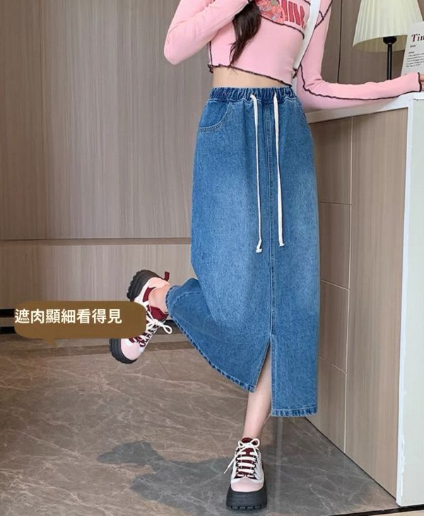 春夏休閒百搭鬆緊腰A字牛仔裙 大尺碼,牛仔裙