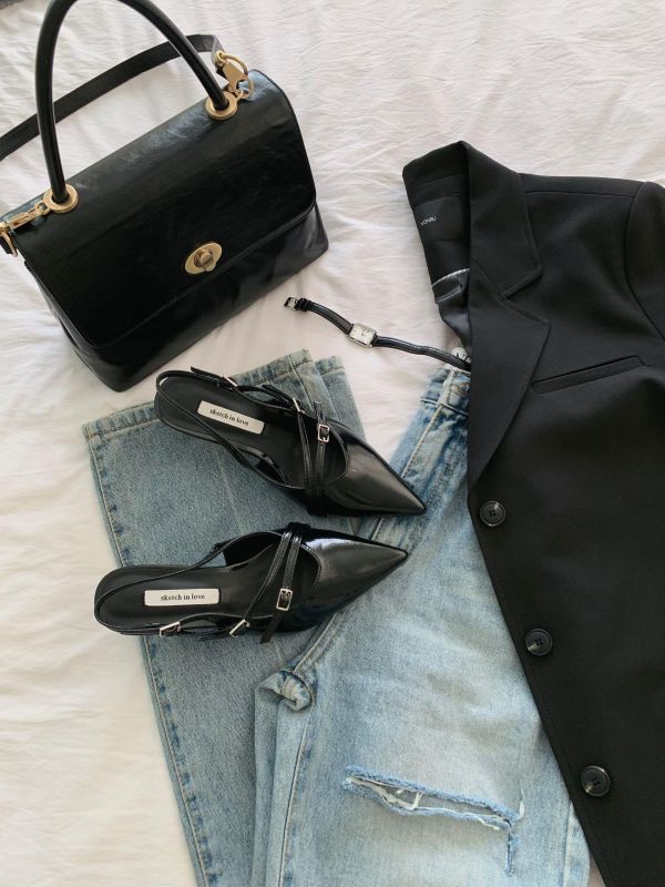 法式尖頭交叉設計感細跟鞋 粗跟鞋 