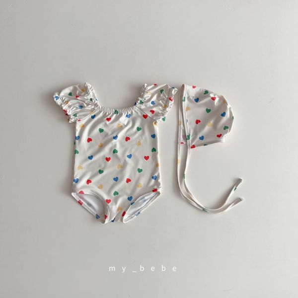 滿版小雛菊小心心公主袖連身泳裝（附帽） 