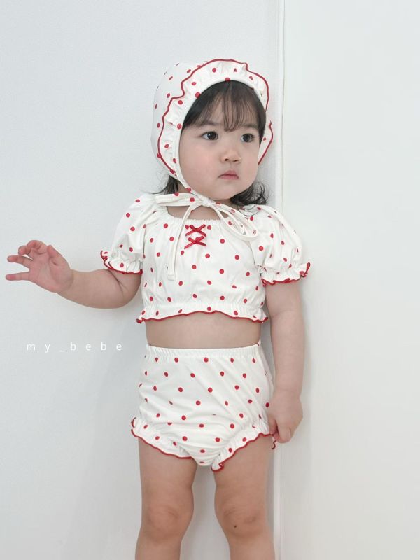 甜美兩截式蓬蓬袖可愛游泳服（附帽） 