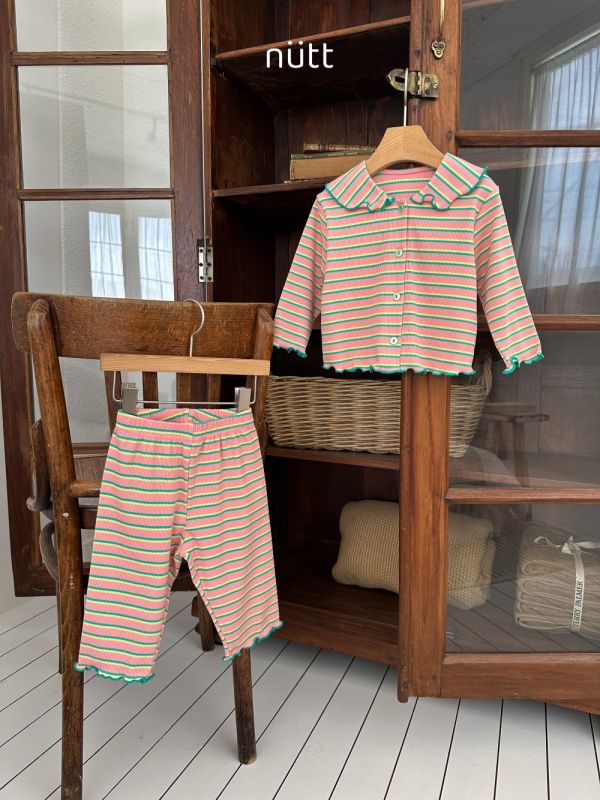 木耳邊條紋家居服 長袖上衣+長褲 