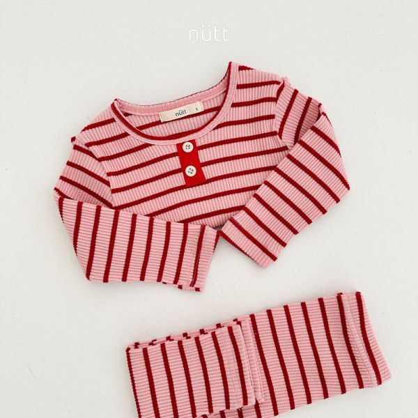 活潑跳色合身條紋居家服 長袖上衣+長褲 