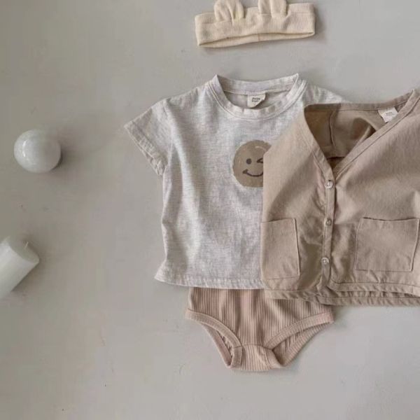 現貨 Bebe Holic 淺灰色夏季笑臉短袖棉質上衣 韓國童裝現貨