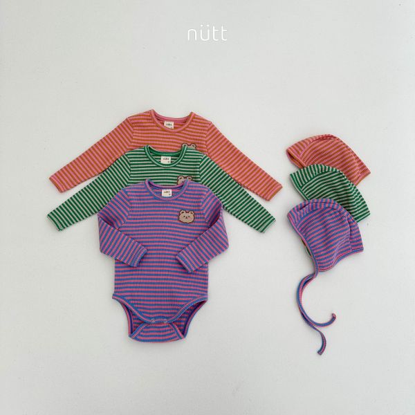 撞色條紋小熊包屁衣套裝 衣＋帽 