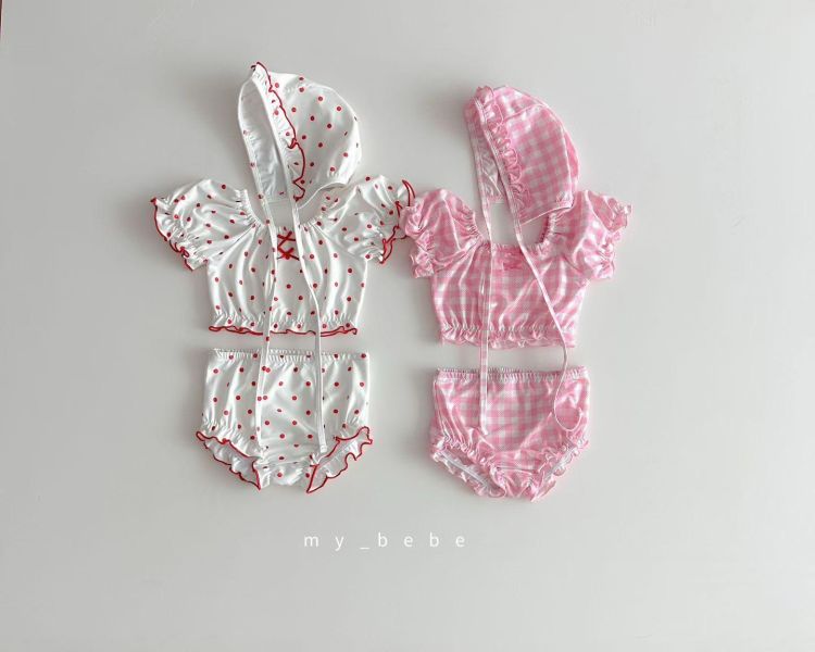 甜美兩截式蓬蓬袖可愛游泳服（附帽） 