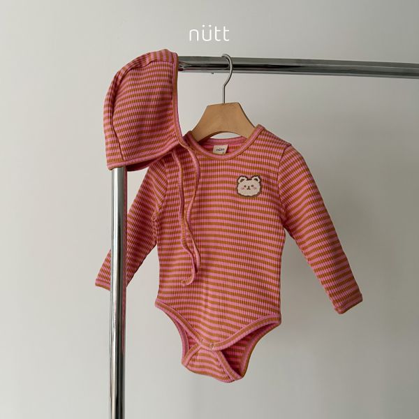 撞色條紋小熊包屁衣套裝 衣＋帽 