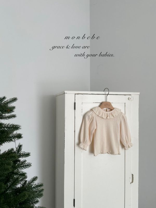 優雅荷葉領純棉長袖上衣 monbebe,monbebe Korea,laurababy_shop,蘿菈衣櫥,童裝,韓國上衣,捲邊上衣,韓系上衣,韓國童裝代理