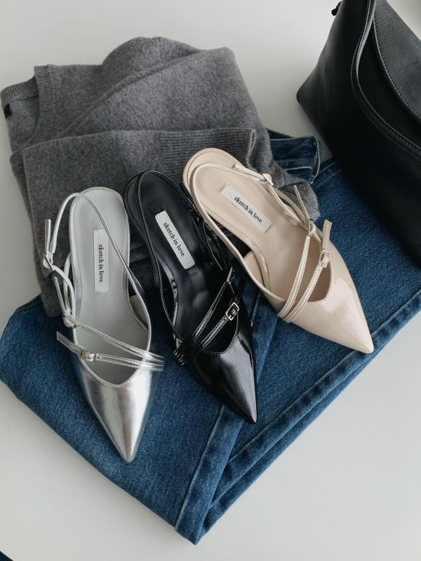 法式尖頭交叉設計感細跟鞋 粗跟鞋 