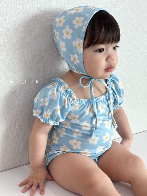 滿版小雛菊小心心公主袖連身泳裝（附帽） 