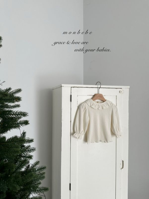 優雅荷葉領純棉長袖上衣 monbebe,monbebe Korea,laurababy_shop,蘿菈衣櫥,童裝,韓國上衣,捲邊上衣,韓系上衣,韓國童裝代理
