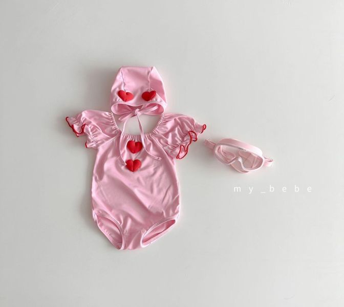 小飛袖立體愛心造型連身游泳服（附帽） 