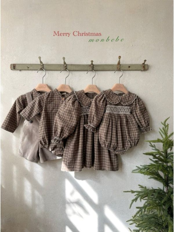 小童款 打褶繡花格紋洋裝 姊妹裝 