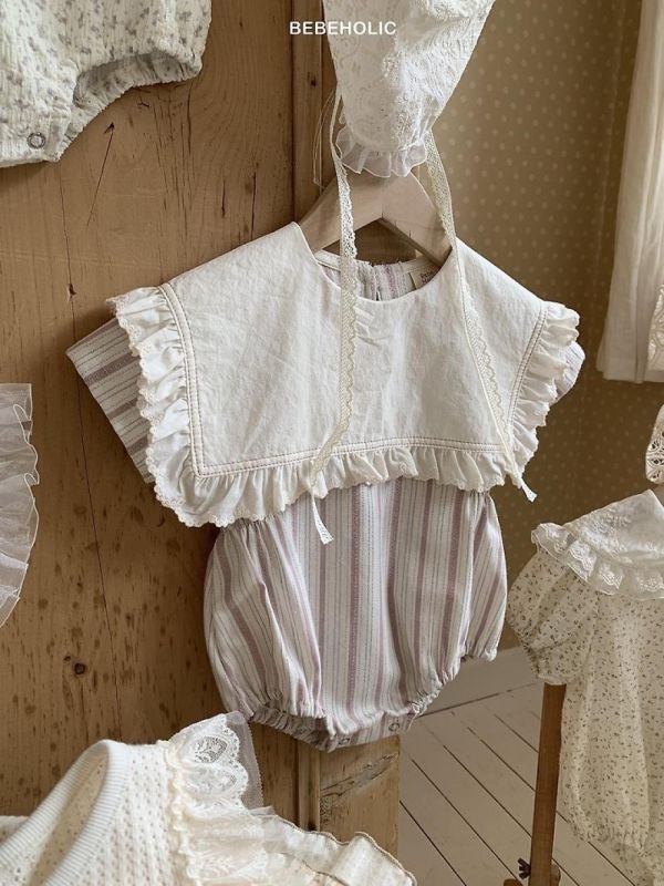 荷葉邊溫柔直紋寶寶連身套裝 Bebe holic Korea,韓國童裝,韓國Bebe holic,奶茶系寶寶,女寶穿搭